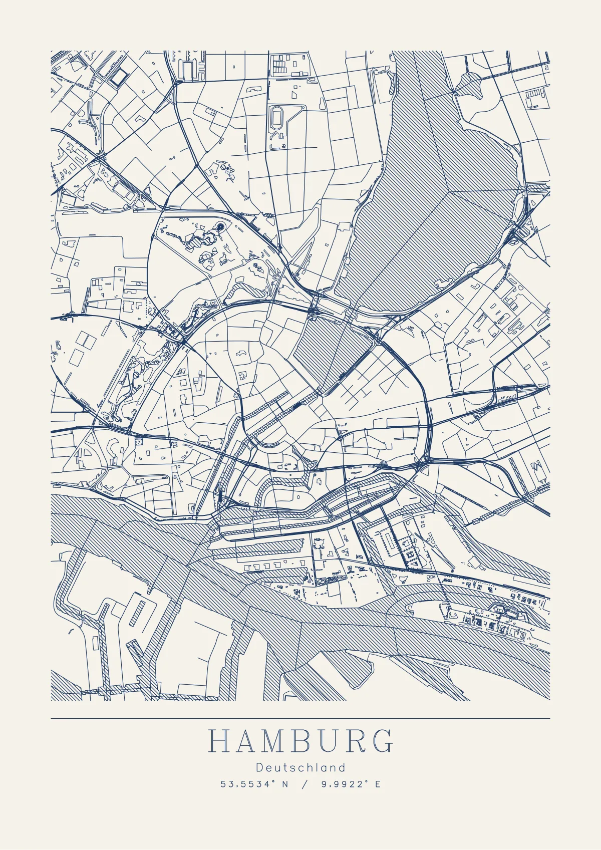 Plotterzeichnung Hamburg, Blaue Stunde, A3